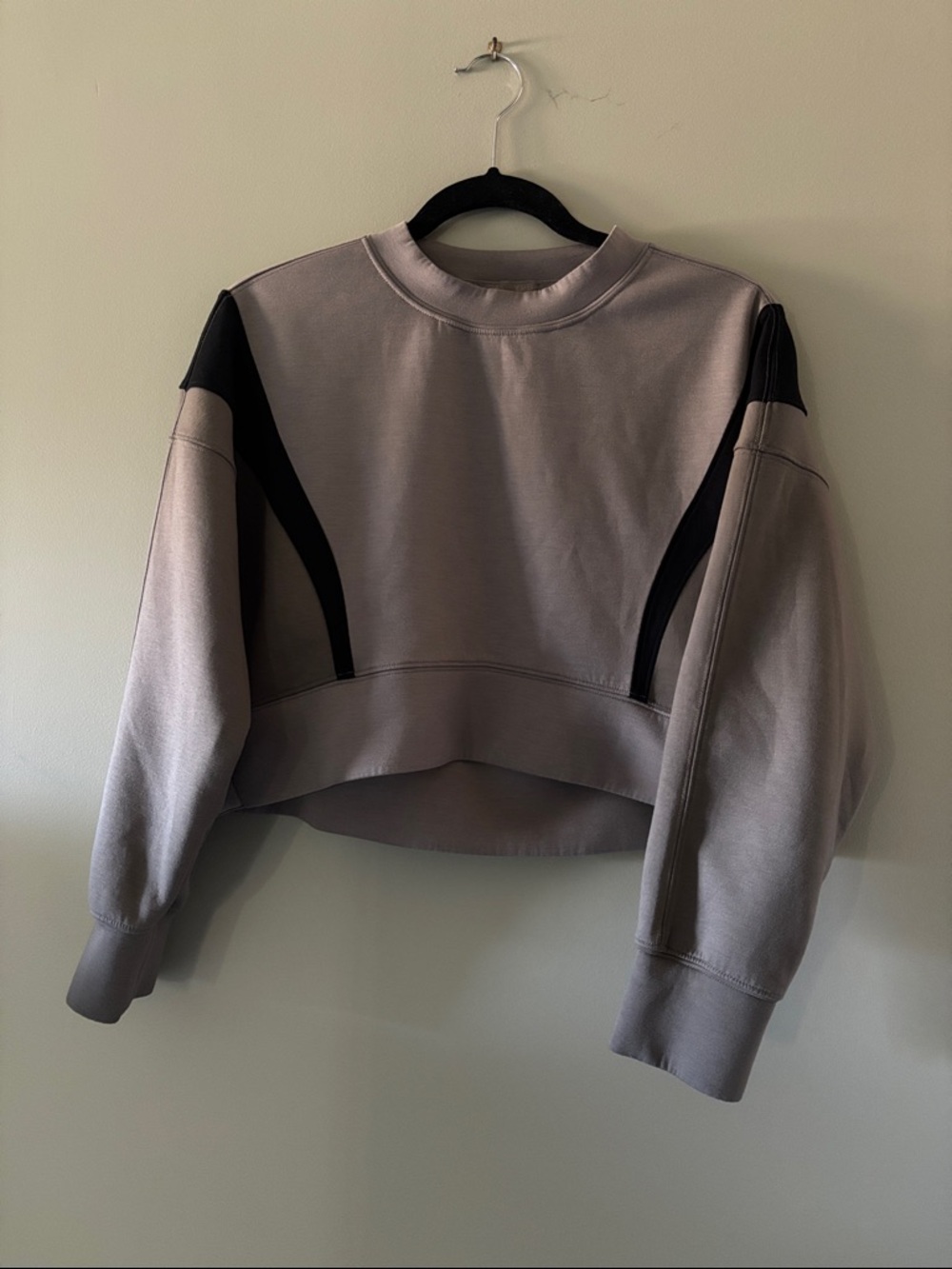 Cropped Taupe Crewneck Sweatshirt with Black Accent Panels